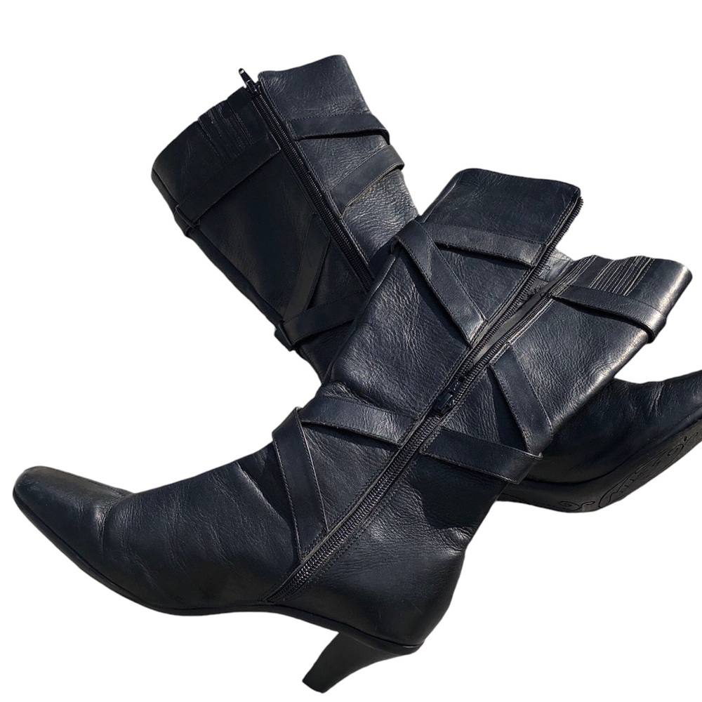 NURTURE Black Upper Leather Square Toe Kitten Heel Boots with Buckle Detail